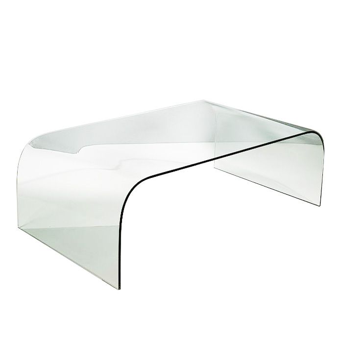 Mesa de centro moderna en cristal transparente.