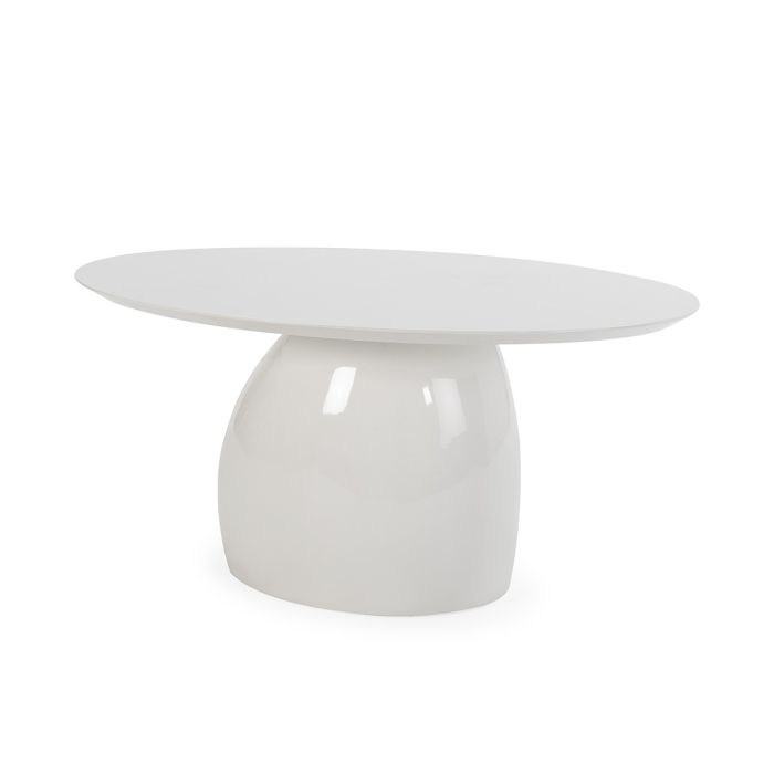 Mesa de comedor moderna de madera y fibra de vidrio en blanco.
