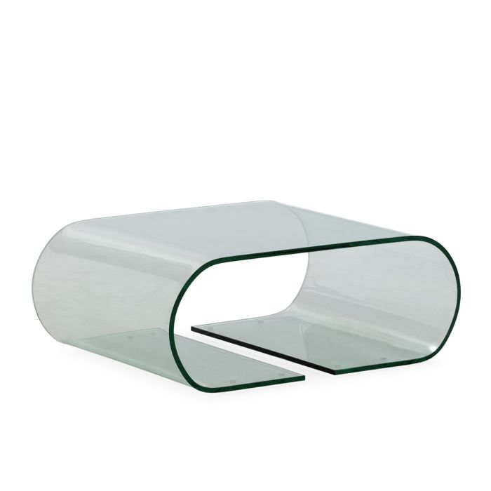 Mesa de centro moderna en cristal transparente.