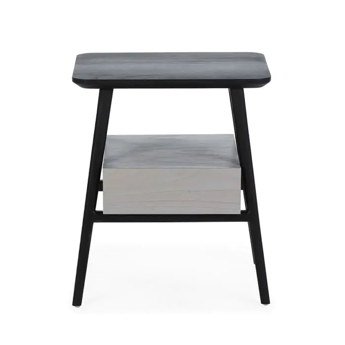 Mesita de Noche Madera de Cedro Negro/Natural con Pátina Gris, 50 Cm