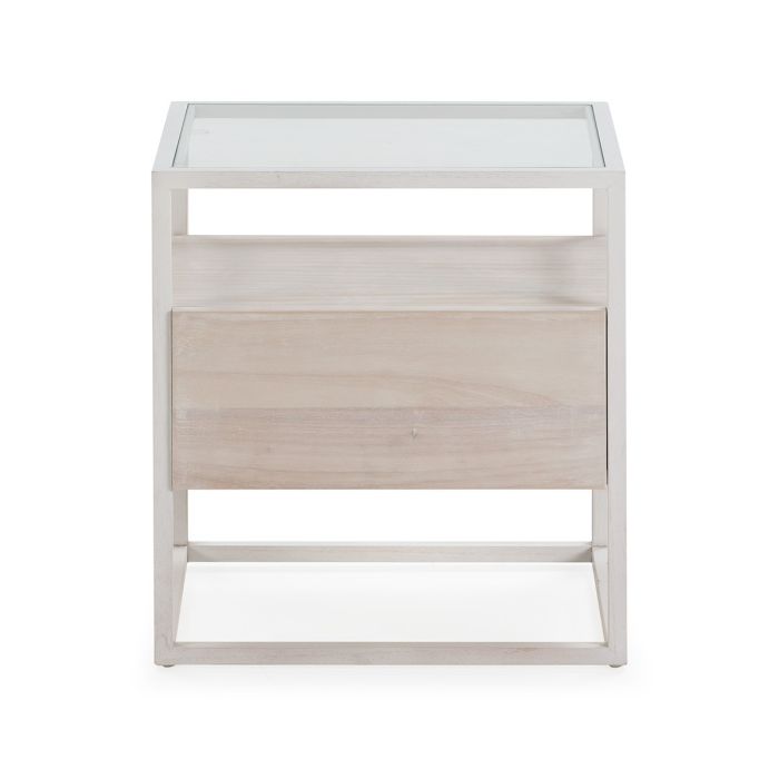 Mesita de Noche Cristal Madera Blanco/Blanco Lavado, 50 Cm