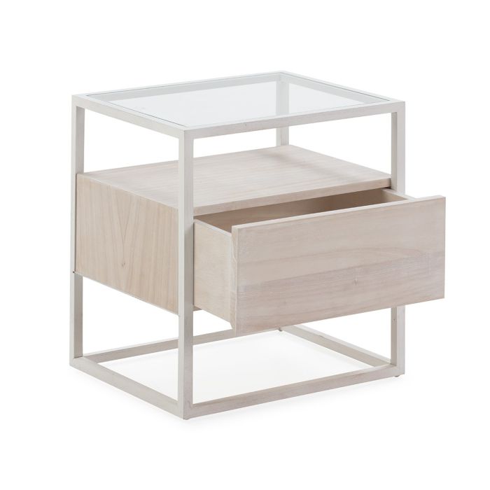 Mesita de Noche Cristal Madera Blanco/Blanco Lavado, 50 Cm