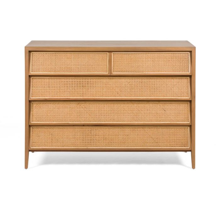 Cómoda 5 Cajones 125x45x90 Madera Cedro/Ratán Natural