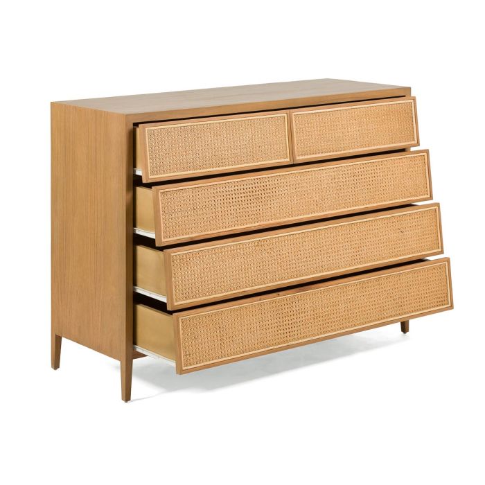 Cómoda 5 Cajones 125x45x90 Madera Cedro/Ratán Natural