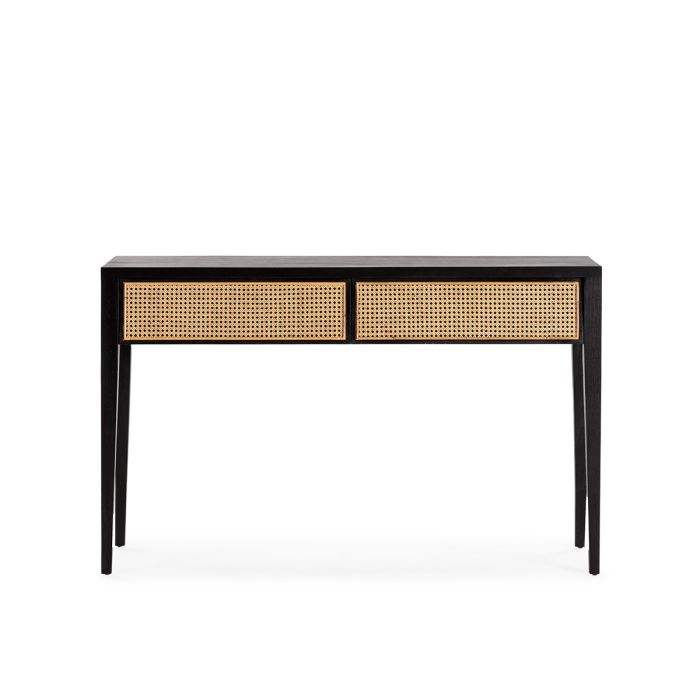 Consola étnica en madera negra con 2 cajones de ratán natural.