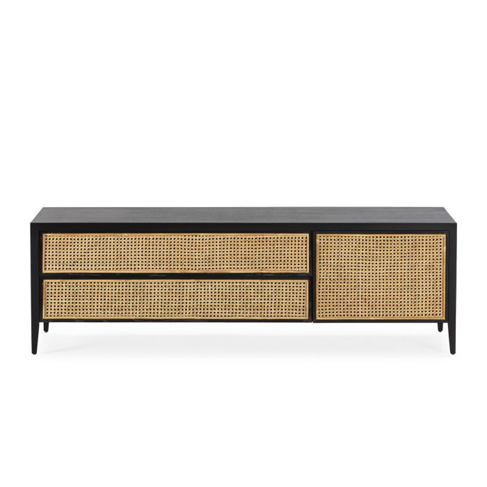 Mueble de TV étnico en madera negra y cajones de ratán natural.
