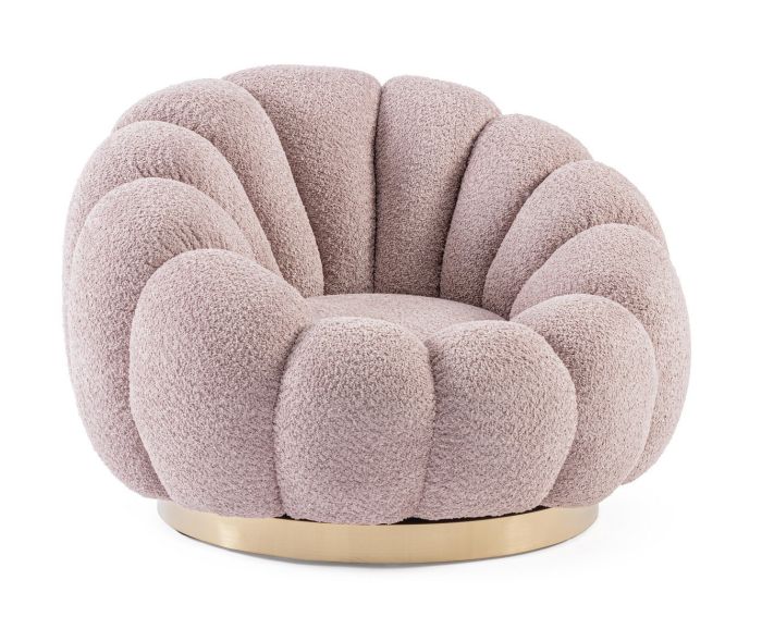 Sillón giratorio art decó en madera tapizada en rosa antiguo con base de acero dorado.
