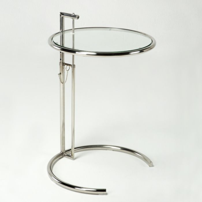 Mesa Auxiliar regulable moderna de cristal y metal cromo.