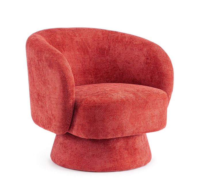 Sillón moderno en madera tapizada en tela cereza.