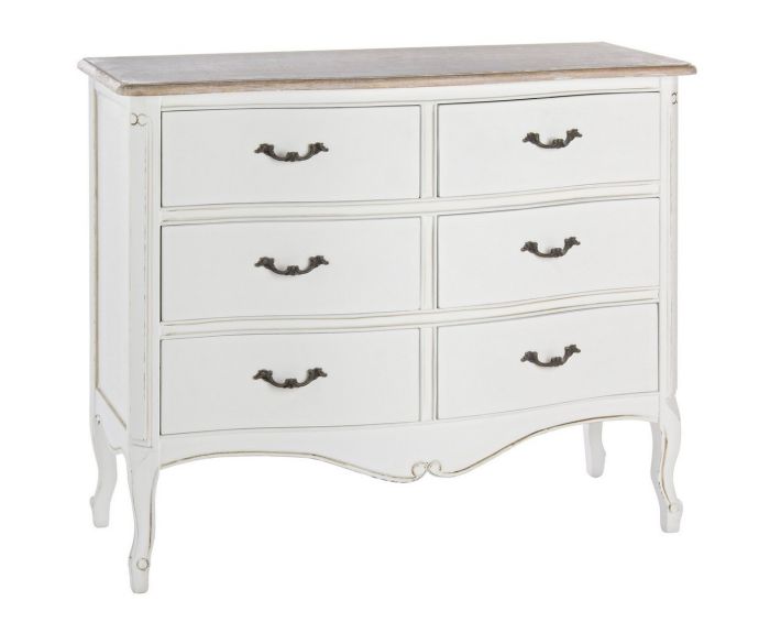 Cómoda clásica en madera de paulownia blanca y natural con tiradores metálicos.