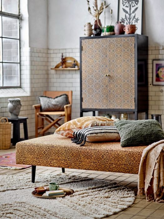Sofá Cama Diván Algodón Amarillo Madera Abedul Marrón Oscuro, 200 Cm