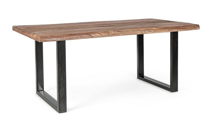Mesa de comedor industrial en madera de acacia, madera reciclada natural y patas de acero negro.