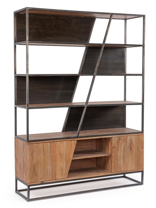 Librería industrial en madera de acacia con respaldo de madera contrachapada y estructura de acero marrón y negro.