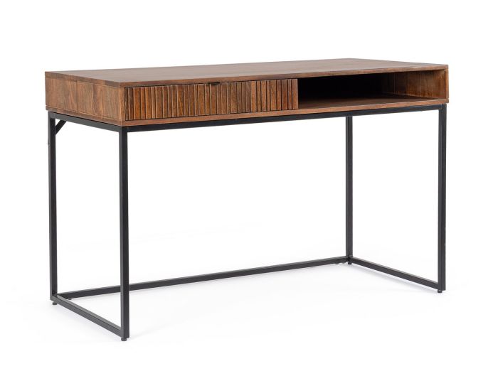 Escritorio industrial en madera de mango marrón y patas de acero negro.
