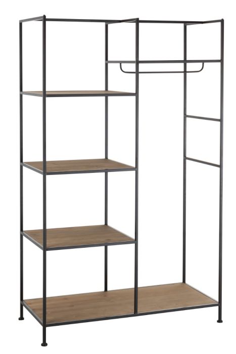 Estantería ropa industrial en madera marrón y metal negro.