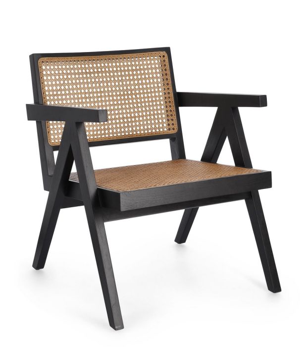 Sillón étnico en madera de teca negra y ratán natural.