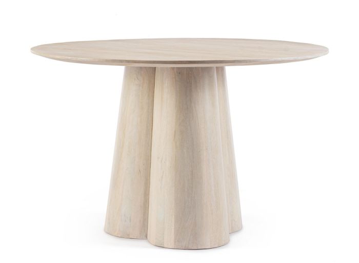 Mesa de comedor nórdica en madera de mango natural beige.