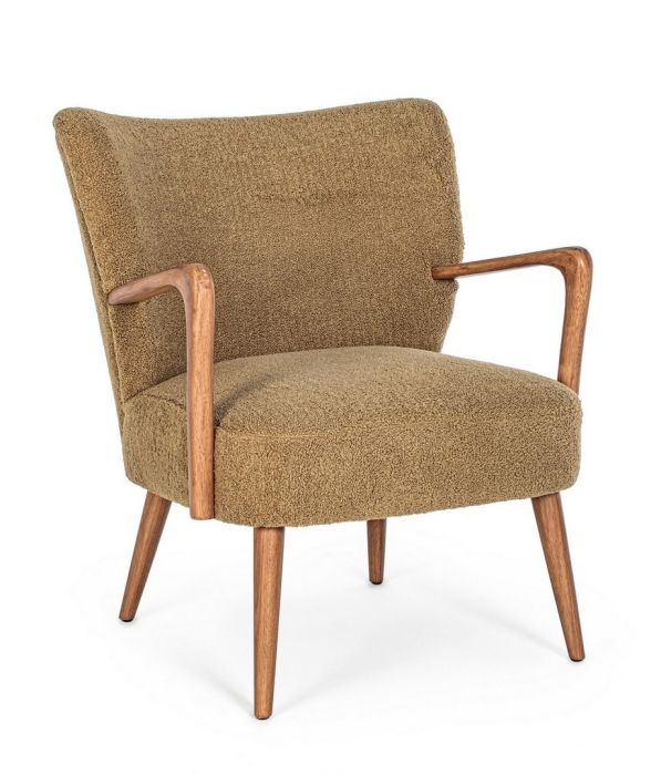 Sillón nórdico en madera de pino natural tapizado marrón.