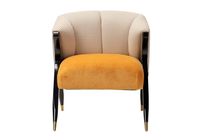 Sillón Estampado Blanco Marrón Terciopelo Amarillo Madera Roble 68x78x75 Cm