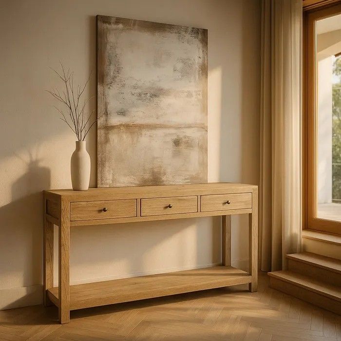 Consola nórdica en madera mindi natural y tiradores de metal dorado.