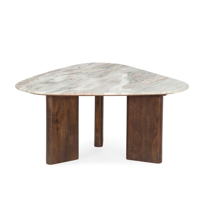 Mesa de centro nórdica moderna con sobre de mármol blanco y base de madera marrón.
