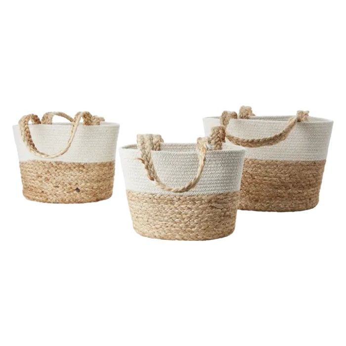 Set de 3 bolsos collect tropical en yute trenzado natural y algodón blanco.