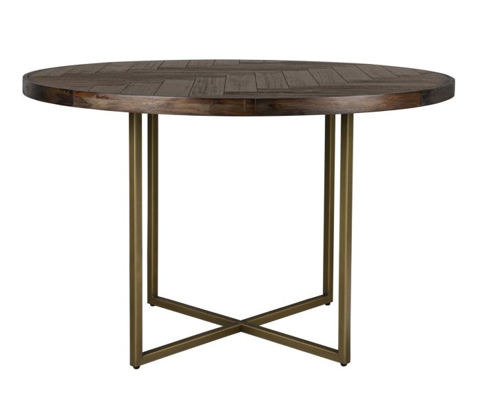 Mesa de comedor redonda mid-century en madera de acacia marrón y base de acero negro.