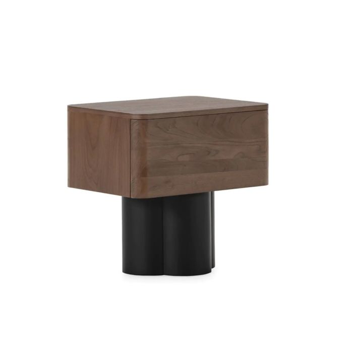 Mesita de noche contemporánea en madera de olmo nogal y negro con 1 cajón.