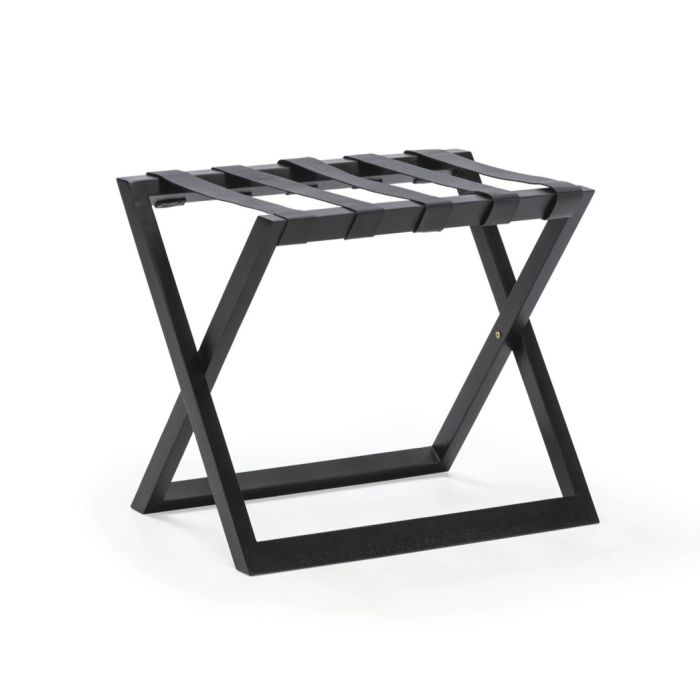 Portamaletas moderno en madera de teca y cuero negro.
