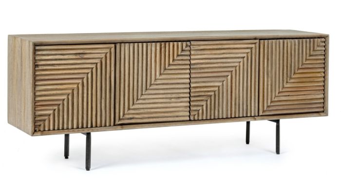 Mueble de TV nórdico moderno en madera de mango natural con listones y patas de acero negro.