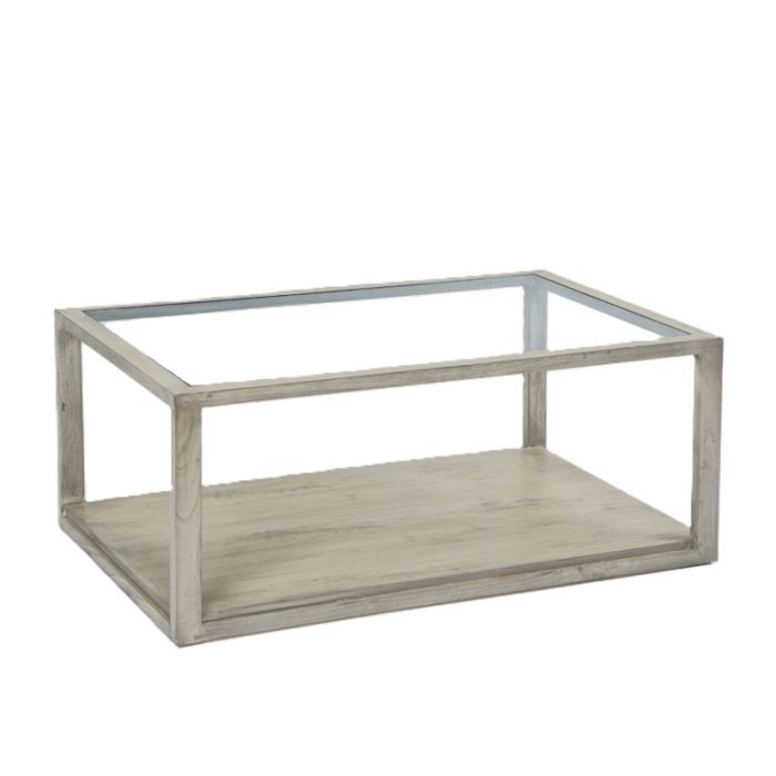 Mesa de centro nórdica moderna en madera gris velado y sobre de cristal.