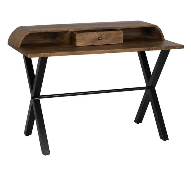 Escritorio industrial en madera de mango y patas metálicas en negro.