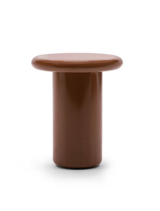 Mesa auxiliar moderna en fibra de vidrio alto brillante rojizo.