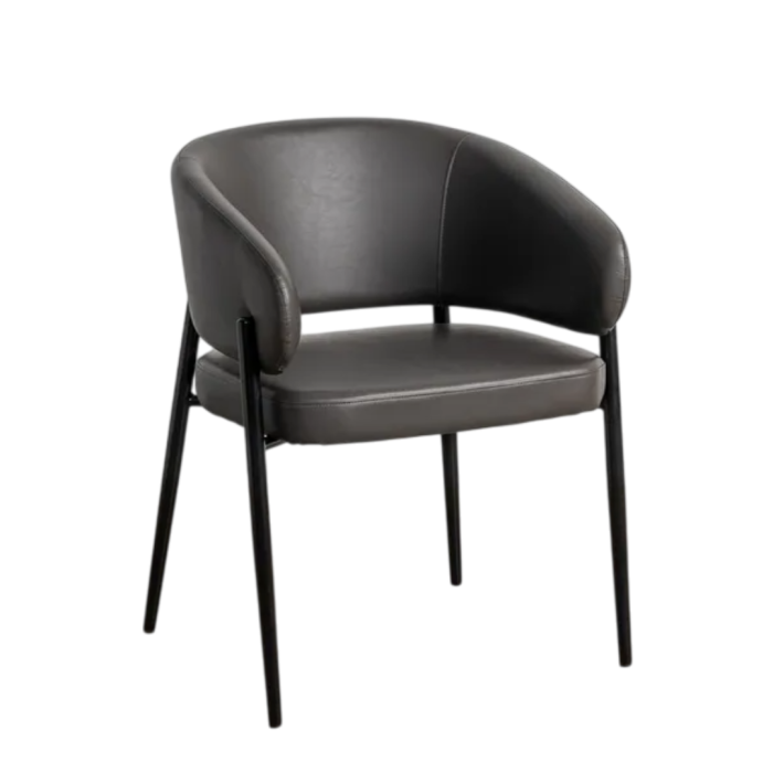 Silla moderna en metal negro tapizado en piel gris.