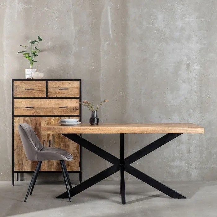 Mesa Comedor Natural-Negro Madera-Hierro, 160 Cm