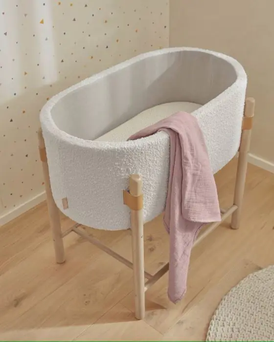 Cuna Convertible Tejido Borreguillo Beige Madera Haya, 46 Cm