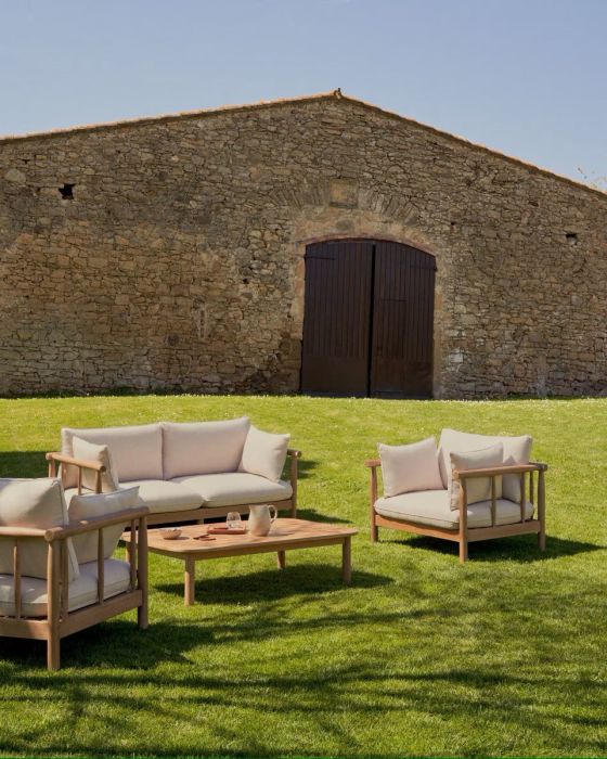 Set 2 Sillones Sofá 2 plazas Mesa Centro Madera Eucalipto, 195 Cm