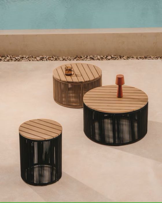 Mesa Centro Cuerda Beige Madera Maciza Acacia Acero, Ø60 Cm