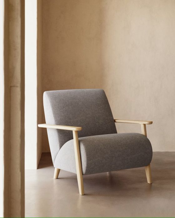 Sillón Gris Patas Madera Fresno Natural, 77 Cm