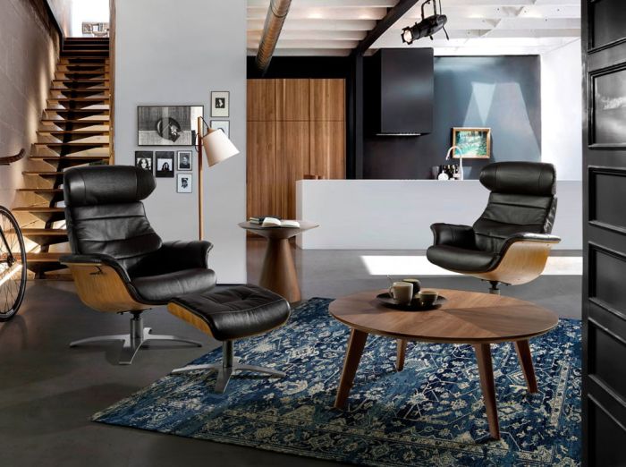 Sillón Giratorio Relax Cuero Negro Madera Chapada Nogal Acero, 79 Cm