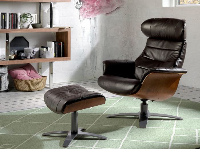 Sillón Giratorio Relax Cuero Negro Madera Chapada Nogal Acero, 79 Cm