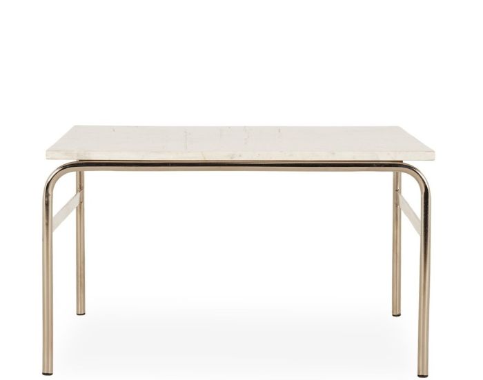 Mesa de centro diseño moderno con sobre de mármol blanco y patas en hierro niquelado.