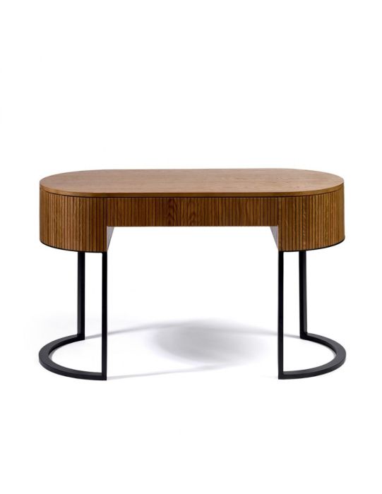 Consola industrial moderna con 1 cajón en madera de roble natural y base de metal negro.