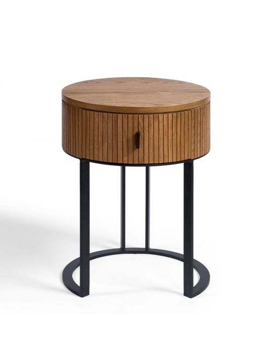 Mesita de noche industrial moderno en madera de roble natural con 1 cajón y estructura de metal negro.