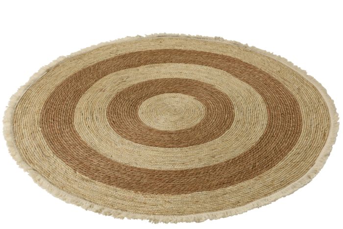 Alfombra redonda en fibra natural, beige, marrón y blanco.