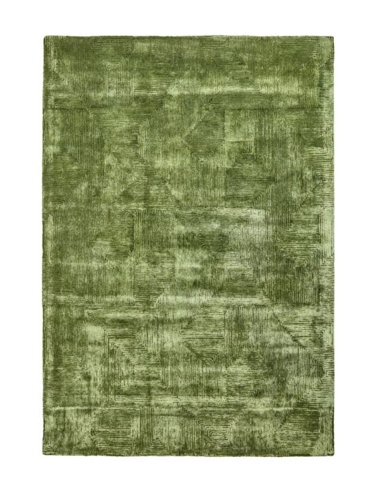 Alfombra hecha a mano de viscosa verde con acabado brillante.