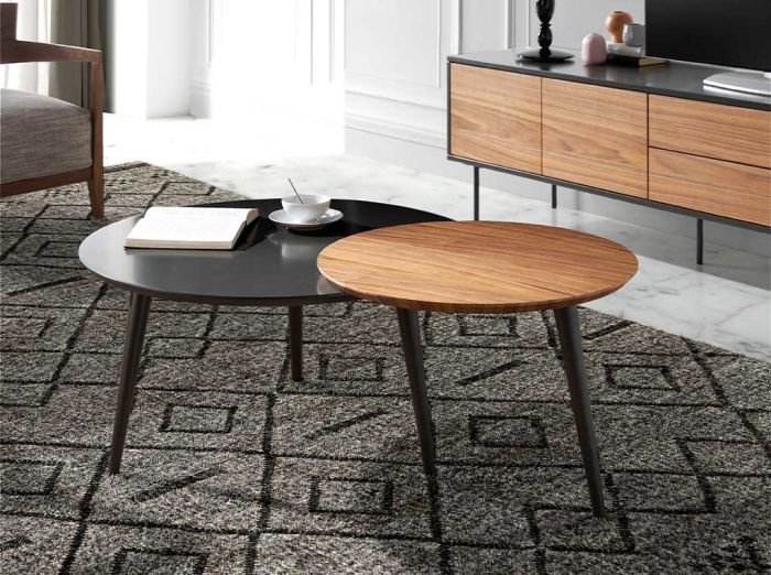 Mesa Centro Moderna Doble Cuerpo Nogal Gris Mate Ø 80 Cm