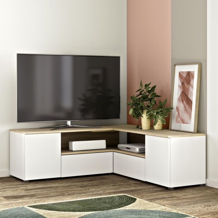 Mueble TV Angular Lacado Blanco Roble, 130 Cm