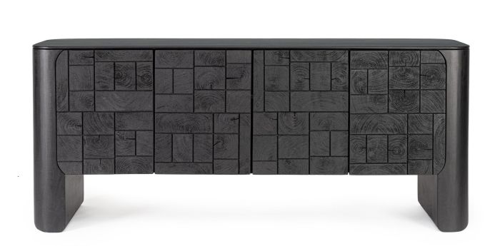 Aparador en madera de mango negro y frontal de bloques de madera natural con 4 puertas.