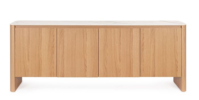Aparador en madera de roble natural con sobre de cerámica blanca.